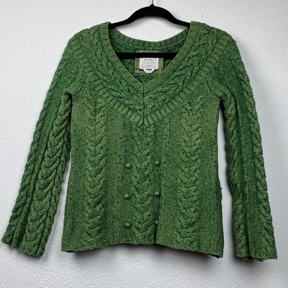 Old Navy Green Cable Knit Sweater - M - V-Neck Pom-Pom Cotton Wool Boho Cozy